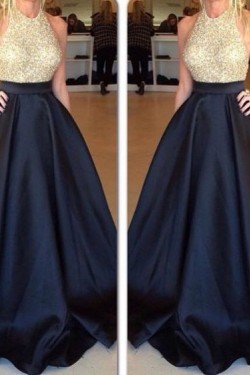 A-Line Halter Long Black Prom Formal Evening Party Dresses 3021493