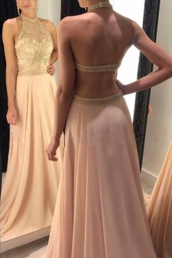 A-Line Beaded Halter Long Prom Formal Evening Party Dresses 3021495