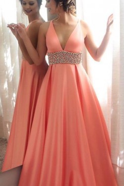 A-Line Beaded V-Neck Long Prom Formal Evening Party Dresses 3021504