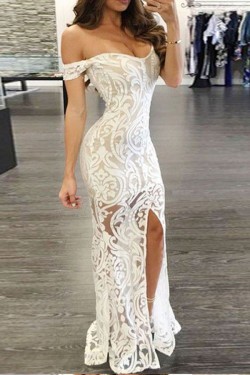 Mermaid Off-the-Shoulder Long White Lace Prom Formal Evening Party Dresses 3021505