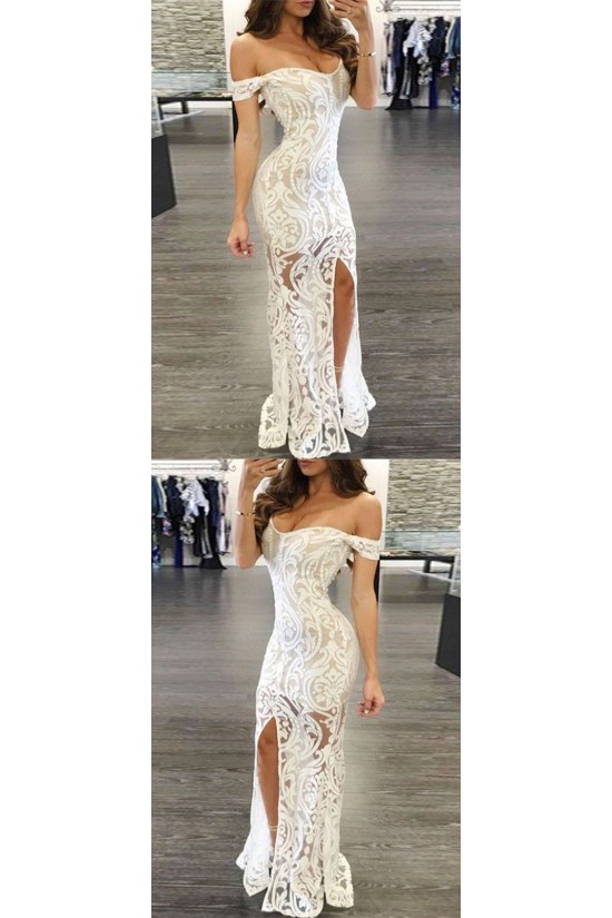 Mermaid Off-the-Shoulder Long White Lace Prom Formal Evening Party Dresses 3021505