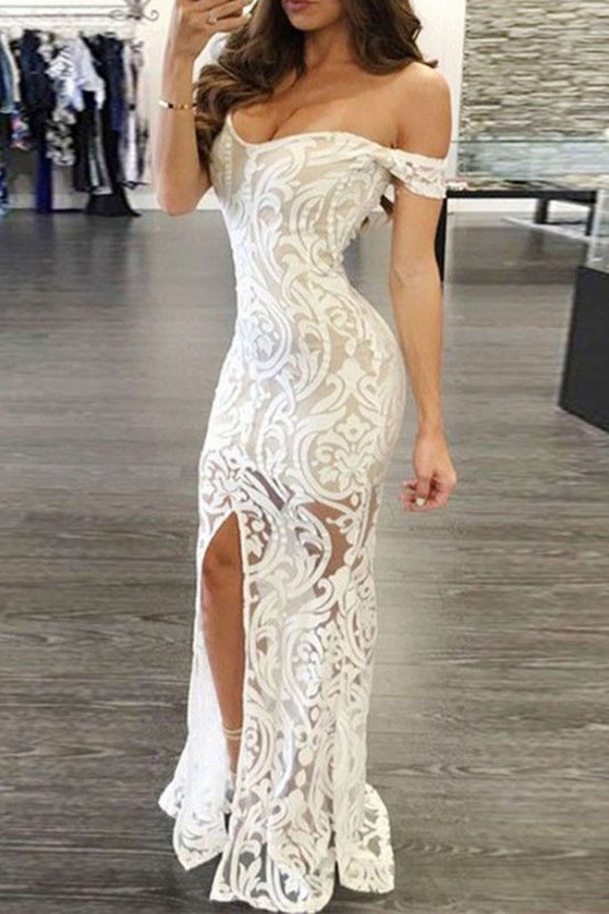 Mermaid Off-the-Shoulder Long White Lace Prom Formal Evening Party Dresses 3021505