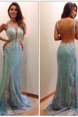 Long Blue Lace Backless Prom Formal Evening Party Dresses 3021509
