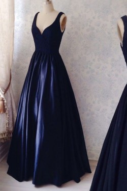 Long Blue Lace Satin V-Neck Prom Formal Evening Party Dresses 3021513