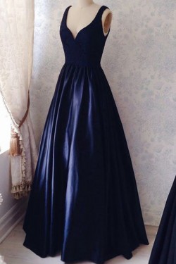 Long Blue Lace Satin V-Neck Prom Formal Evening Party Dresses 3021513