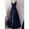 Long Blue Lace Satin V-Neck Prom Formal Evening Party Dresses 3021513