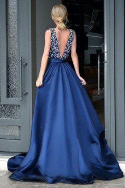 Long Blue Deep V-Neck Prom Formal Evening Party Dresses 3021521