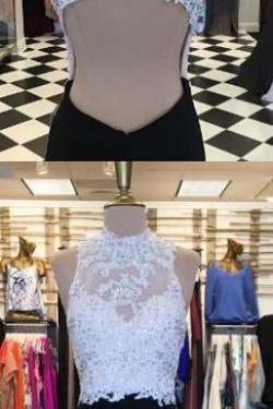 Long Black White Beaded Lace Prom Formal Evening Party Dresses 3021528