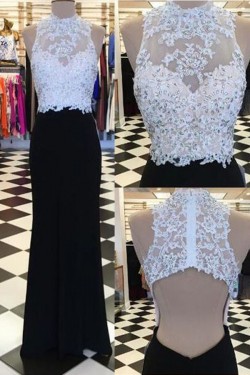 Long Black White Beaded Lace Prom Formal Evening Party Dresses 3021528