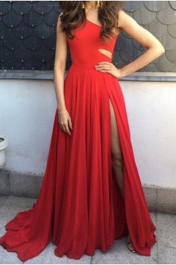 Red One-Shoulder Long Chiffon Prom Evening Formal Dresses 3020154