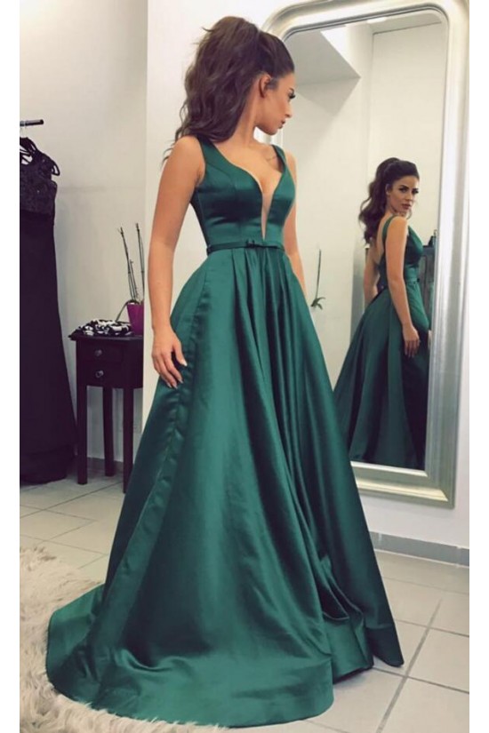 Elegant V-Neck Long Green Prom Evening Formal Dresses 3021541