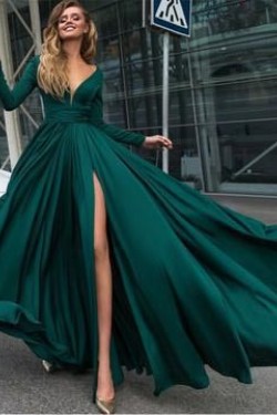 Sexy Deep V-Neck Prom Dress Long Sleeves Evening Gowns with Side Split 3021547
