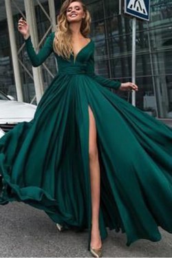 Sexy Deep V-Neck Prom Dress Long Sleeves Evening Gowns with Side Split 3021547