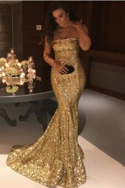 Mermaid Strapless Sequins Long Prom Evening Formal Dresses 3021548