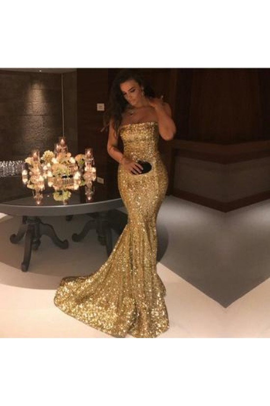 Mermaid Strapless Sequins Long Prom Evening Formal Dresses 3021548
