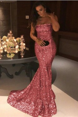 Mermaid Strapless Sequins Long Prom Evening Formal Dresses 3021548