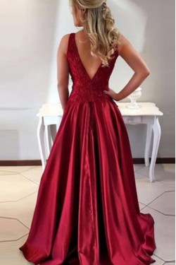 A-Line Satin Lace Long Prom Evening Formal Dresses 3021549