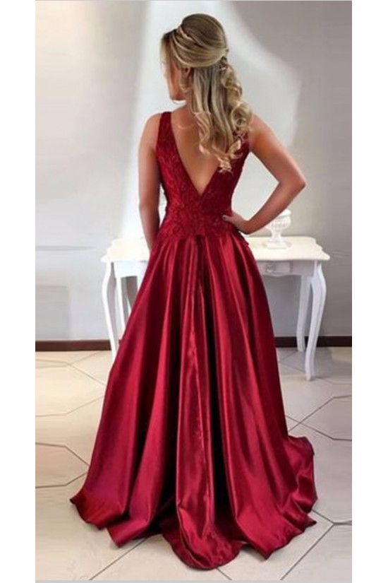 A-Line Satin Lace Long Prom Evening Formal Dresses 3021549
