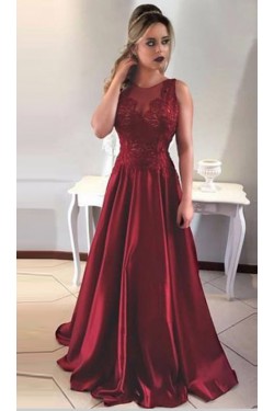 A-Line Satin Lace Long Prom Evening Formal Dresses 3021549