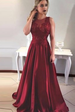 A-Line Satin Lace Long Prom Evening Formal Dresses 3021549