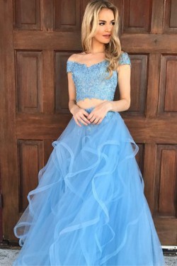 Two Pieces Off-the-Shoulder Lace Appliques and Tulle Prom Evening Formal Dresses 3021550