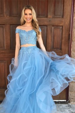 Two Pieces Off-the-Shoulder Lace Appliques and Tulle Prom Evening Formal Dresses 3021550