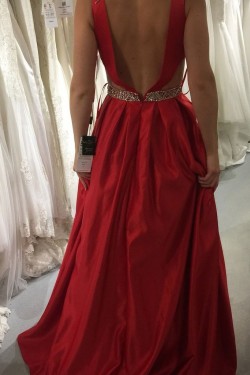 Long Red V-Neck Beaded Prom Evening Formal Dresses 3021556