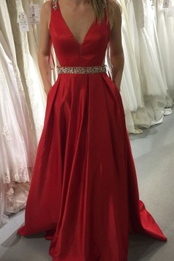 Long Red V-Neck Beaded Prom Evening Formal Dresses 3021556