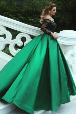 Ball Gown Long Sleeves Lace Satin Prom Evening Formal Dresses 3021566