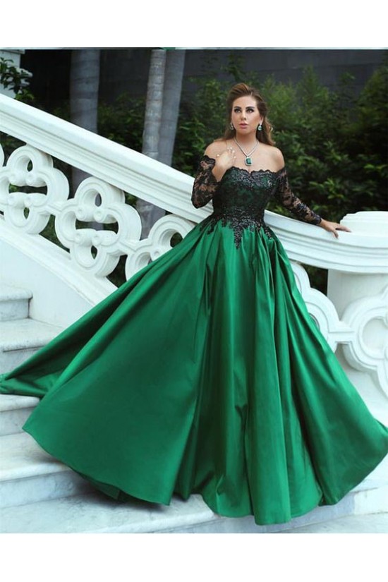 Ball Gown Long Sleeves Lace Satin Prom Evening Formal Dresses 3021566
