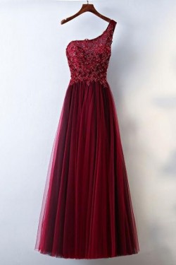A-Line One-Shoulder Tulle Long Prom Evening Formal Dresses 3021574