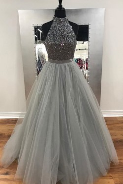 Beaded Tulle Ball Gown Halter Long Prom Evening Formal Dresses 3021576