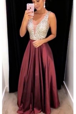 A-Line V-Neck Beaded Long Prom Evening Formal Dresses 3021577