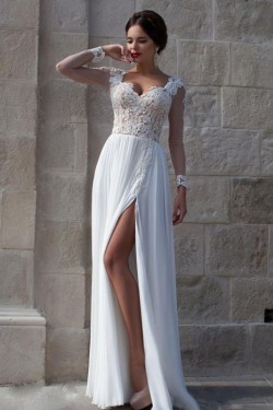 Long See Through Sleeves Lace Top Chiffon White Prom Evening Formal Dresses 3020159