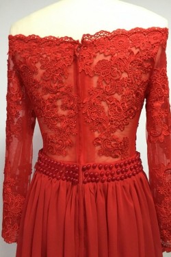 Long Sleeves Lace Appliques Top Off-the-Shoulder Red Prom Evening Formal Dresses 3020162