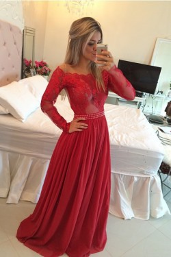 Long Sleeves Lace Appliques Top Off-the-Shoulder Red Prom Evening Formal Dresses 3020162