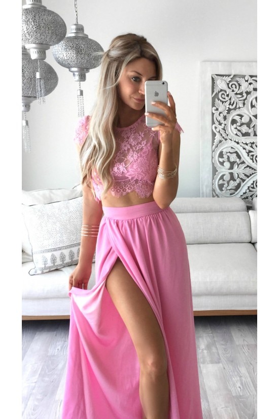 Two Pieces Lace See Through Top Chiffon Pink Prom Evening Formal Dresses 3020164