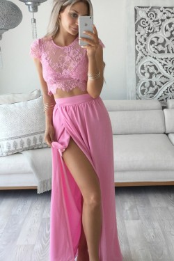 Two Pieces Lace See Through Top Chiffon Pink Prom Evening Formal Dresses 3020164