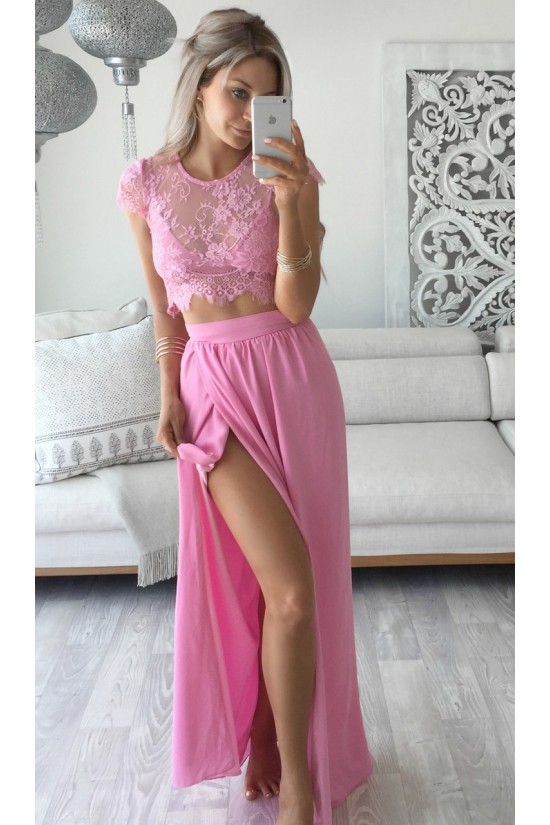 Two Pieces Lace See Through Top Chiffon Pink Prom Evening Formal Dresses 3020164