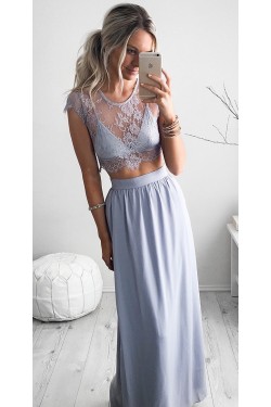 Two Pieces Lace See Through Top Chiffon Prom Evening Formal Dresses 3020165