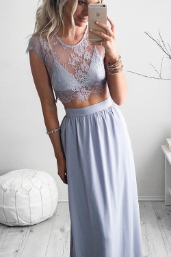 Two Pieces Lace See Through Top Chiffon Prom Evening Formal Dresses 3020165