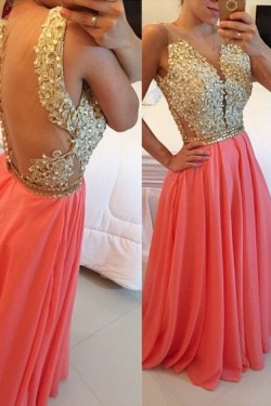 Gold Coral Long See Through Prom Evening Formal Dresses 3020167