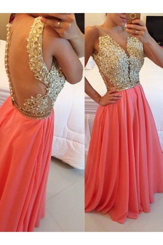 Gold Coral Long See Through Prom Evening Formal Dresses 3020167