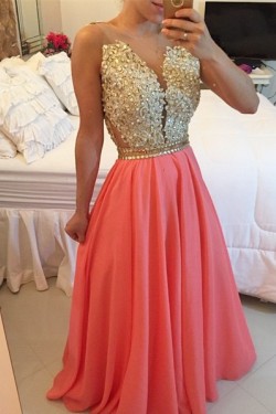 Gold Coral Long See Through Prom Evening Formal Dresses 3020167