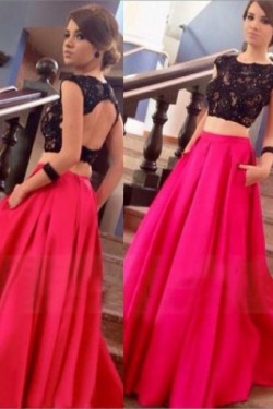 Two Pieces Black Lace Top Long Prom Evening Formal Dresses 3020168
