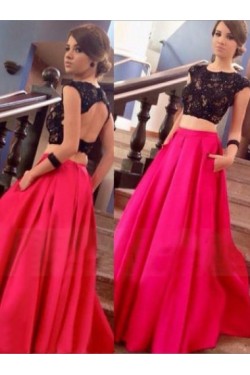 Two Pieces Black Lace Top Long Prom Evening Formal Dresses 3020168