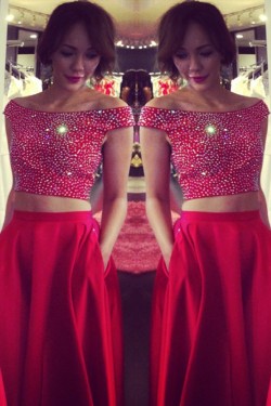 Two Pieces Off-the-Shoulder Red Beaded Long Prom Evening Formal Dresses 3020175