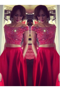 Two Pieces Off-the-Shoulder Red Beaded Long Prom Evening Formal Dresses 3020175