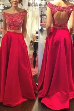 Two Pieces Off-the-Shoulder Red Beaded Long Prom Evening Formal Dresses 3020175