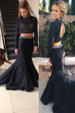 Two Pieces High Neck Long Sleeves Beaded Black Prom Evening Formal Dresses 3020177